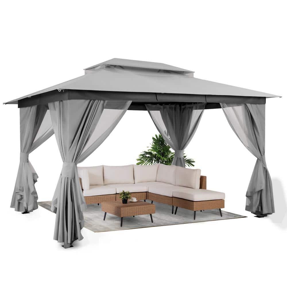 LAUSAINT HOME 10'x13' Patio Gazebo, Double Roof Outdoor Shelter Tent with Mosquito Nettings and Privacy Screens, Gray