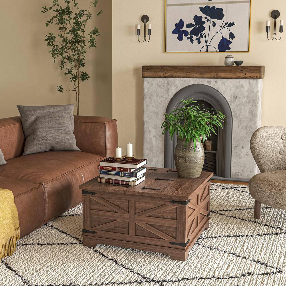 HOMCOM Farmhouse Coffee Table with Flip Top, Hidden Storage Compartment, Square Center Table for Living Room, Distressed Brown