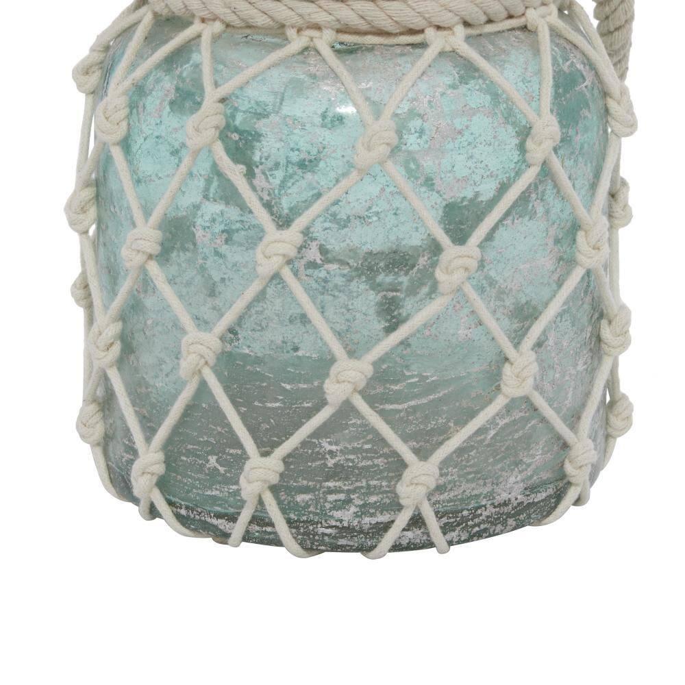 DecMode Blue Glass Decorative Candle Lantern with Rope Handle