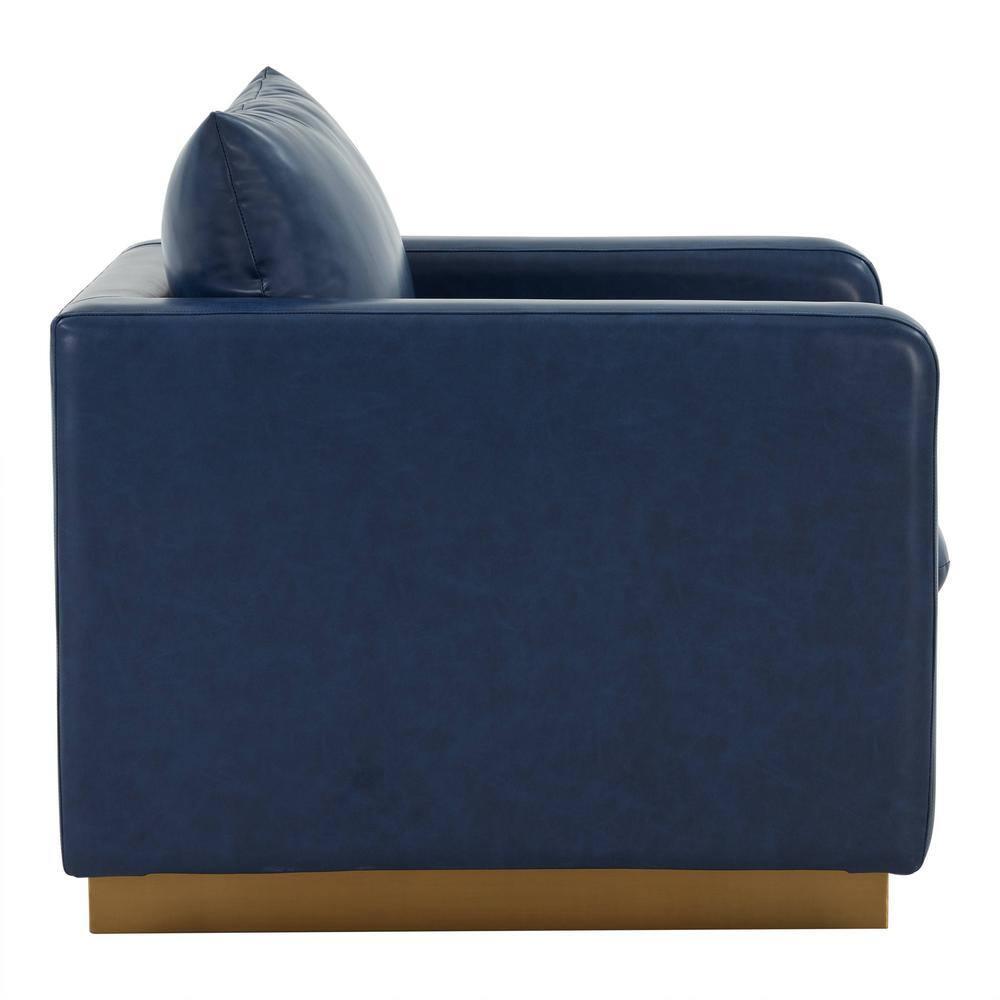 LeisureMod Nervo Modern Leather Upholstered Accent Arm Chair With Gold Frame in Navy Blue