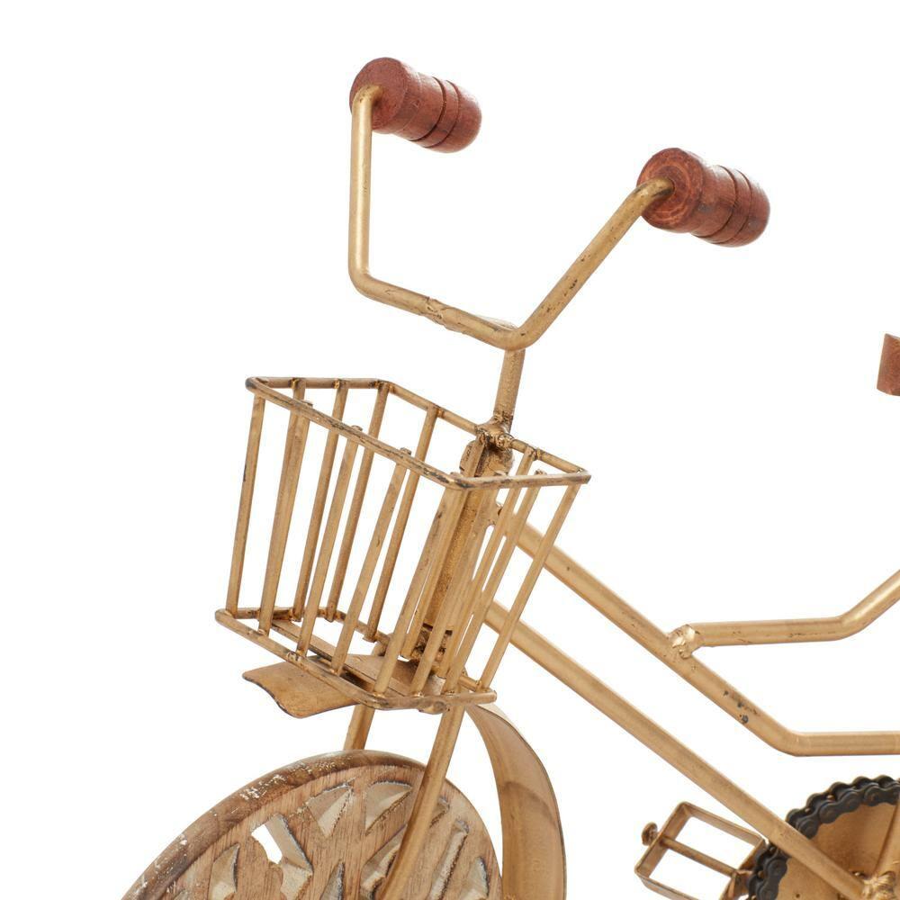 19" x 12" Gold Metal Bike Sculpture with Carved Wood Wheels, by DecMode