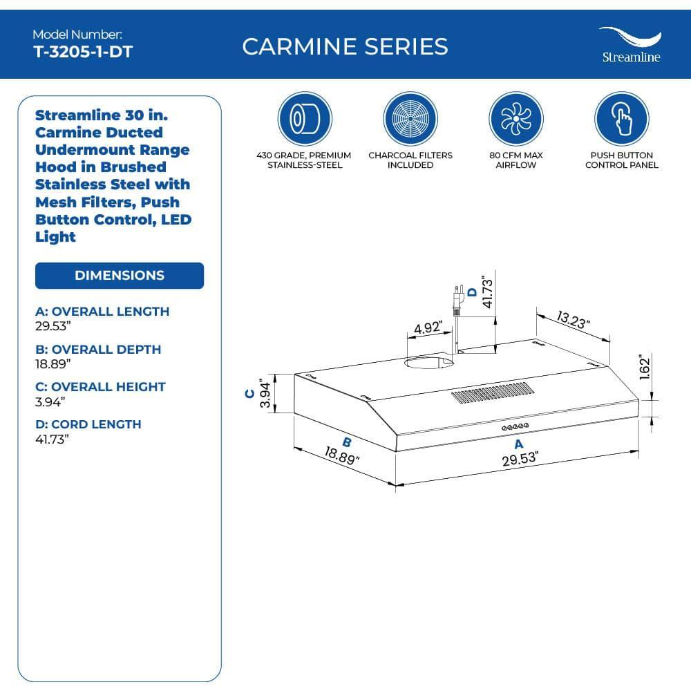 Streamline Bath Streamline Carmine 30" 80 Cubic Feet Per Minute Ducted Under Cabinet Range Hood with Mesh Filter and Light Included