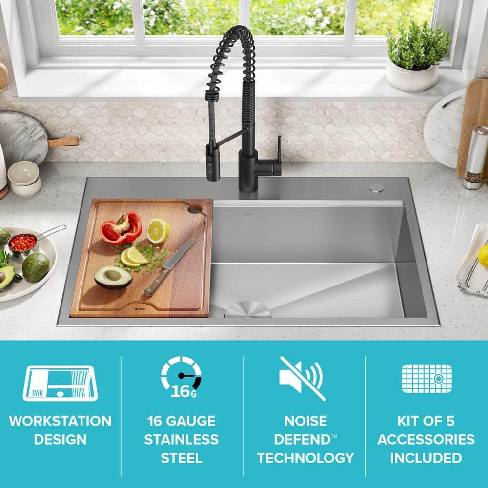 KRAUS Kore Drop-In Workstation 16 Gauge Stainless Steel Single Bowl Kitchen Sink with Accessories