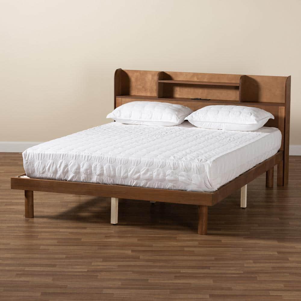 Baxton Studio Harper Mid-Century Modern Transitional Walnut Brown Finished Wood Queen Size Platform Bed with Charging Station