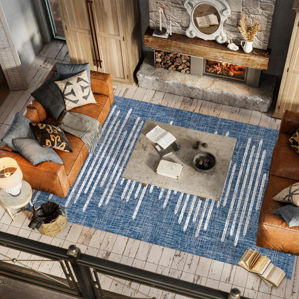 Grundy Berber Stripe Geometric Blue/Ivory Indoor/Outdoor Rug