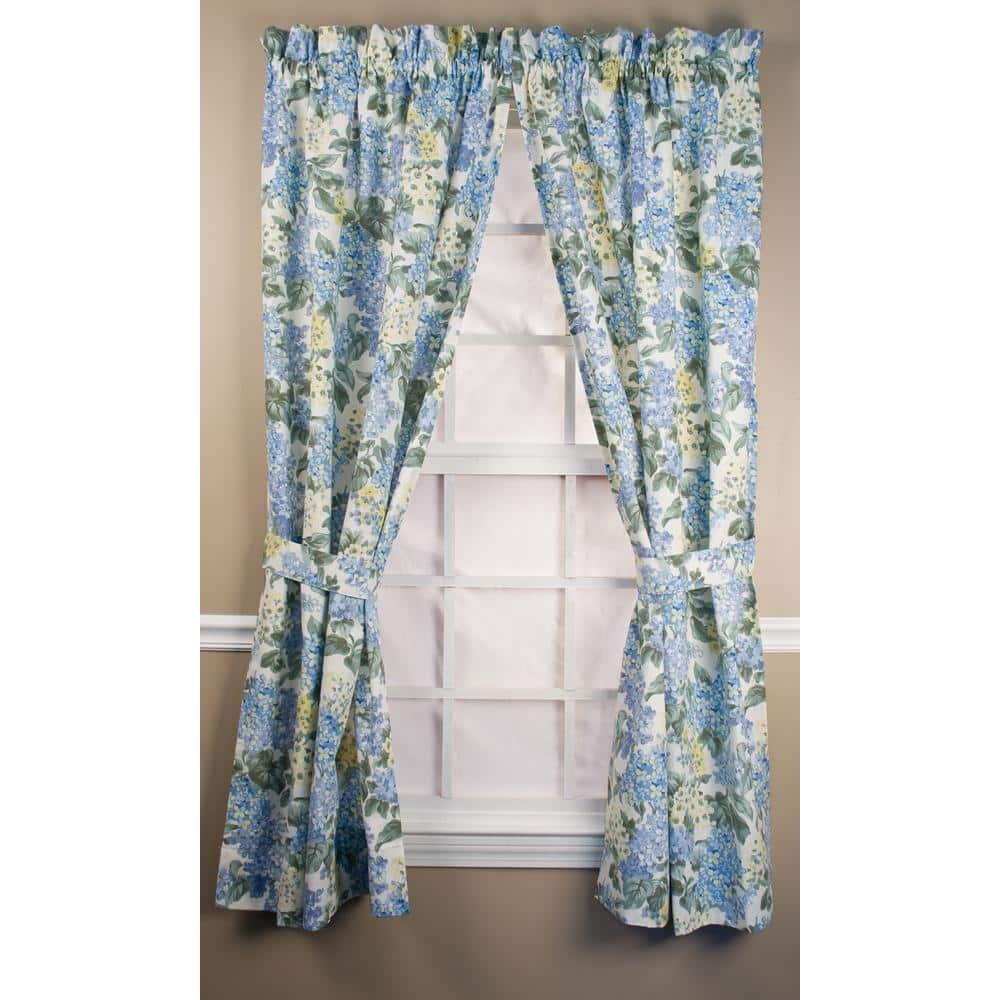 Ellis Hydrangea Classic Pattern Printed 1.5" Rod Pocket Window Tailored Pair with Ties 68"x54" Blue