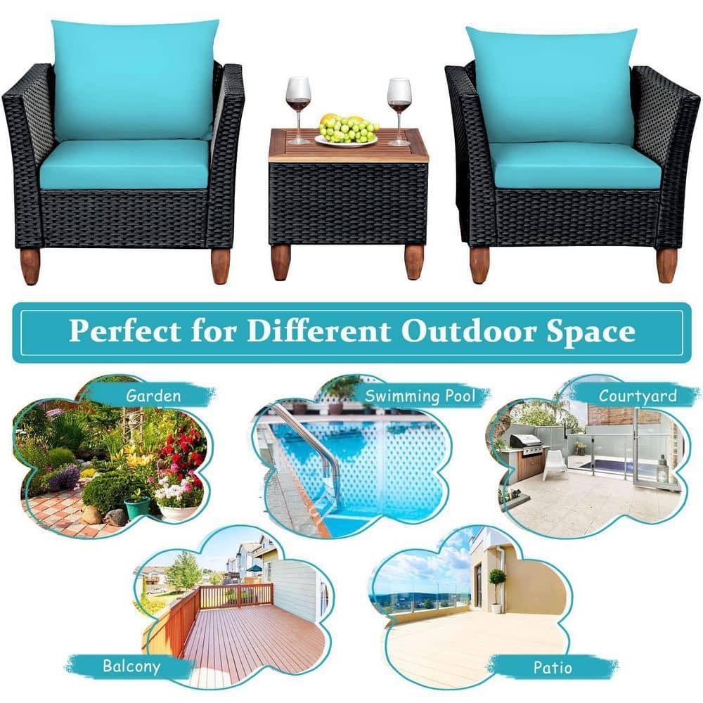 Tangkula 3PCS Patio Rattan Conversation Set Outdoor Furniture Set w/ Turquoise Cushions
