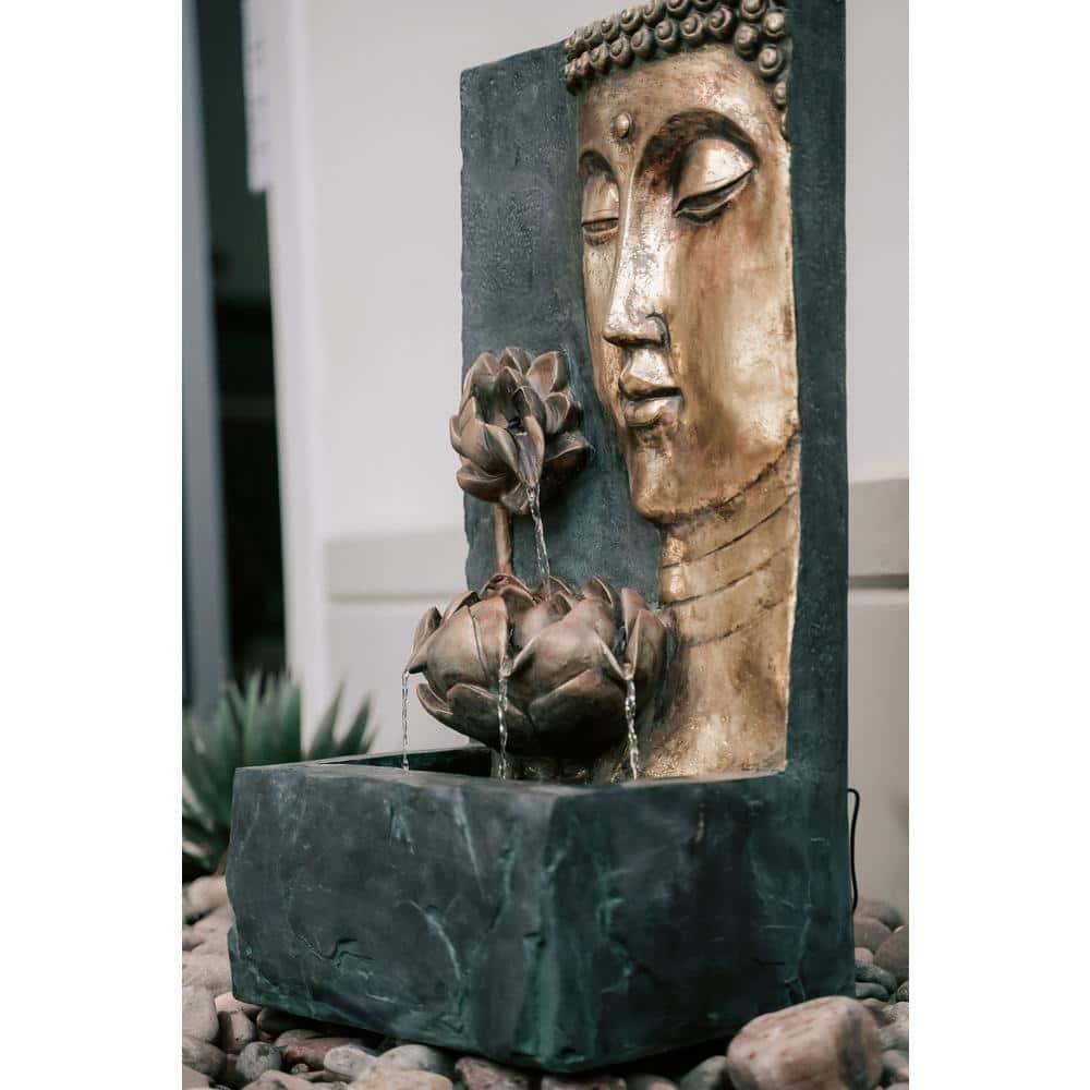 XBrand 30" H Zen Buddha Face Water Fountain w/ LED light & Pump, Indoor/Outdoor Freestanding, Relaxing Zen Décor, Bronze and Natural Grey Polyresin Fountain for Home Patio Garden Backyard