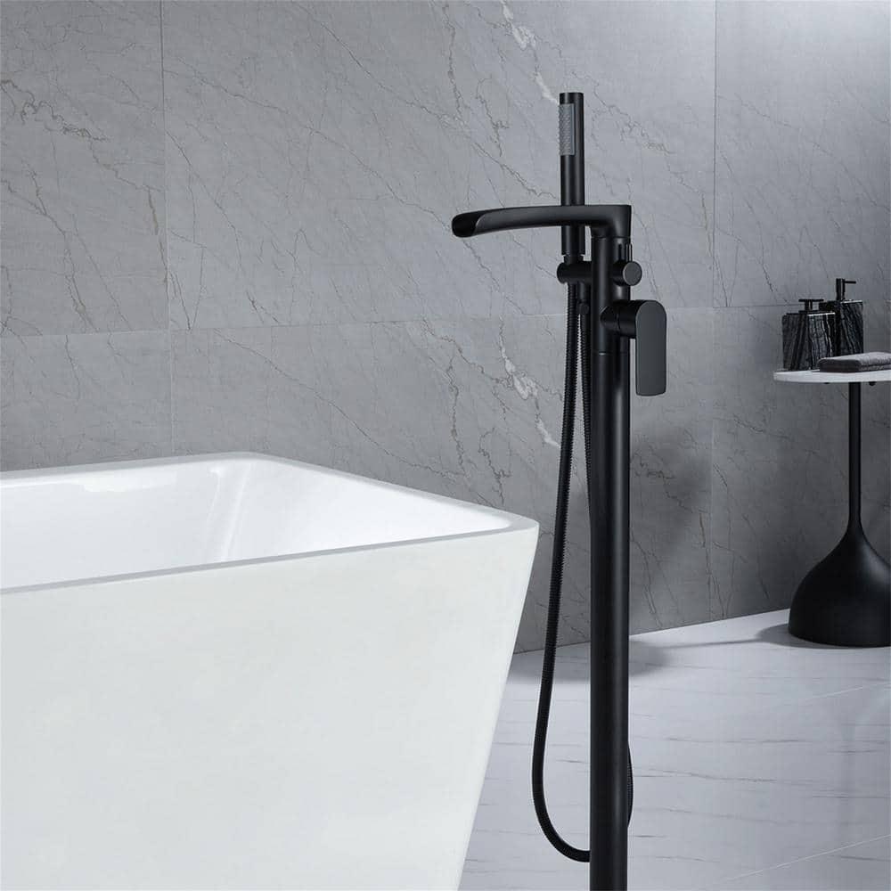 Free Standing Tub Faucet Brass Oil Rubbed Bronze Waterfall Freestanding Bathtub Faucet Floor Mount Tub Filler with Handheld Sprayer