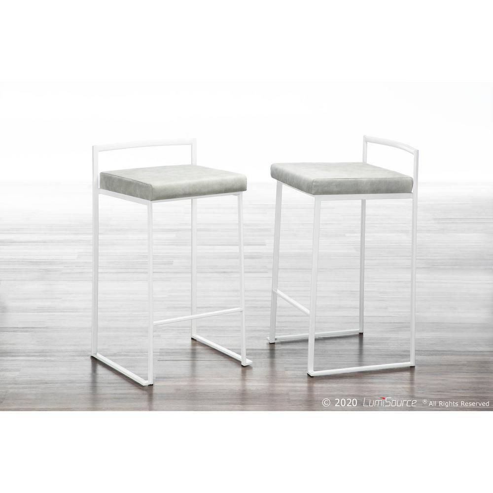 Contemporary Stackable Counter Stool In White With Light Grey Cowboy Fabric Cushion - Set Of 2