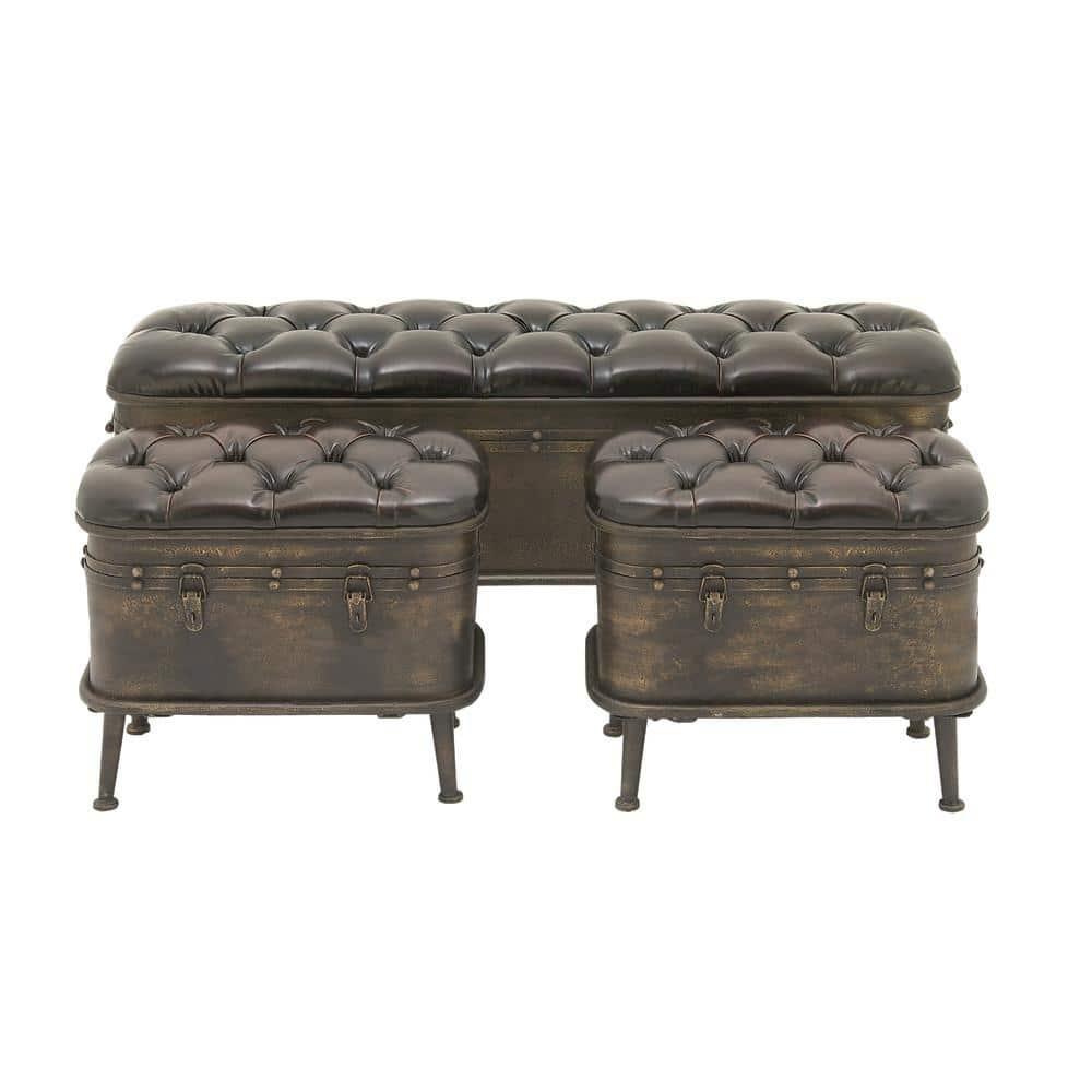 DecMode Metal Storage Bench with Tufted Faux Leather, Brown, Set of 3