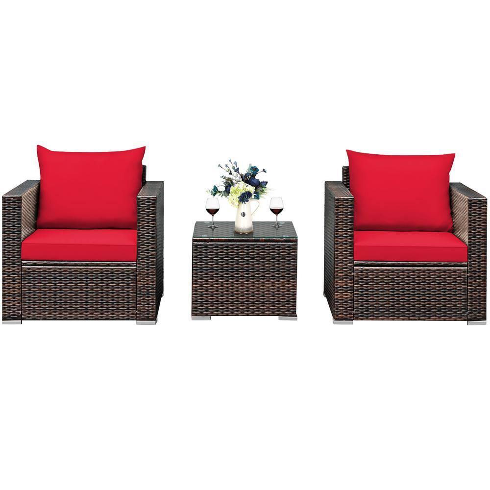 Costway 3PCS Patio Rattan Wicker Furniture Set Sofa Table W/Cushion Yard Red