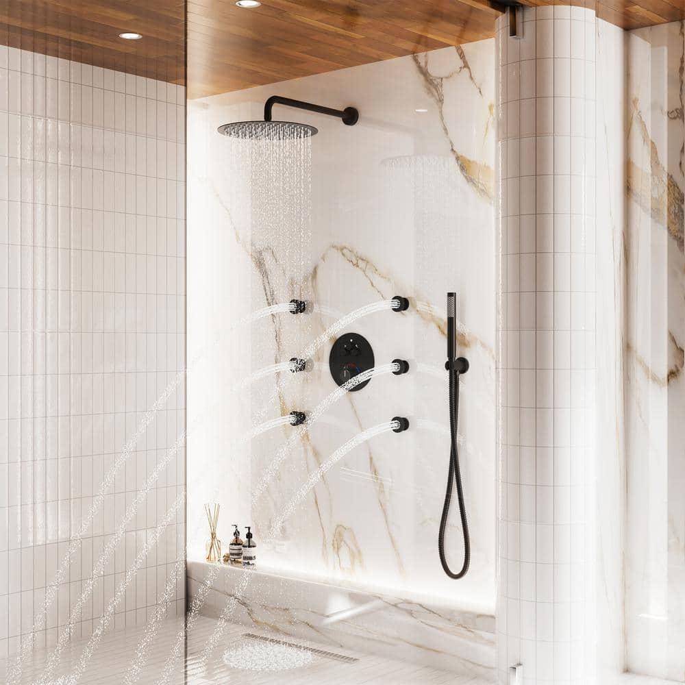 CASAINC Wall Mounted Thermostatic Complete Rainfall Shower System with 6 Body Jets and Rough-in Valve CS6823-12MB