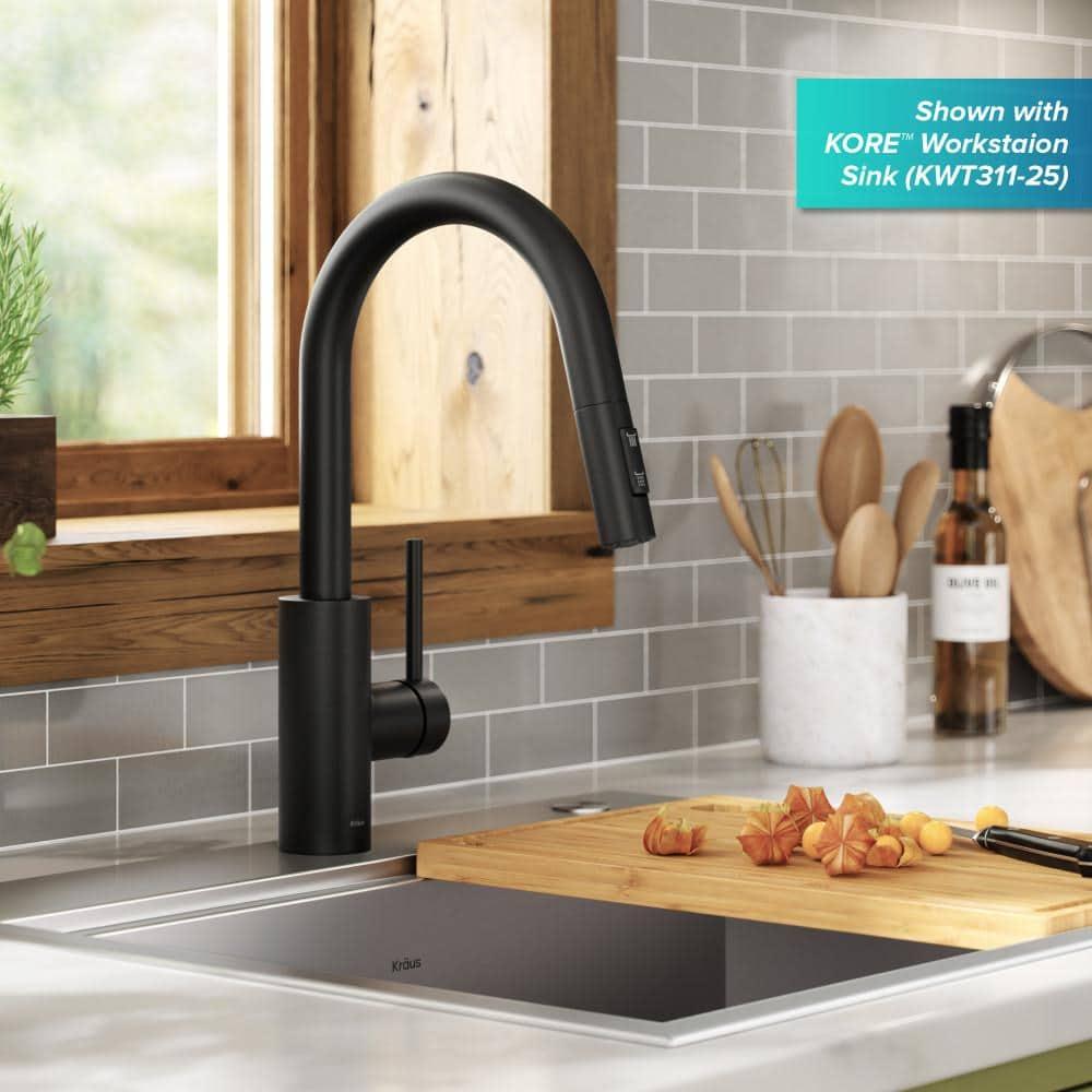 KRAUS Oletto Single Handle Pull Down Kitchen Faucet with QuickDock Top Mount Installation Assembly