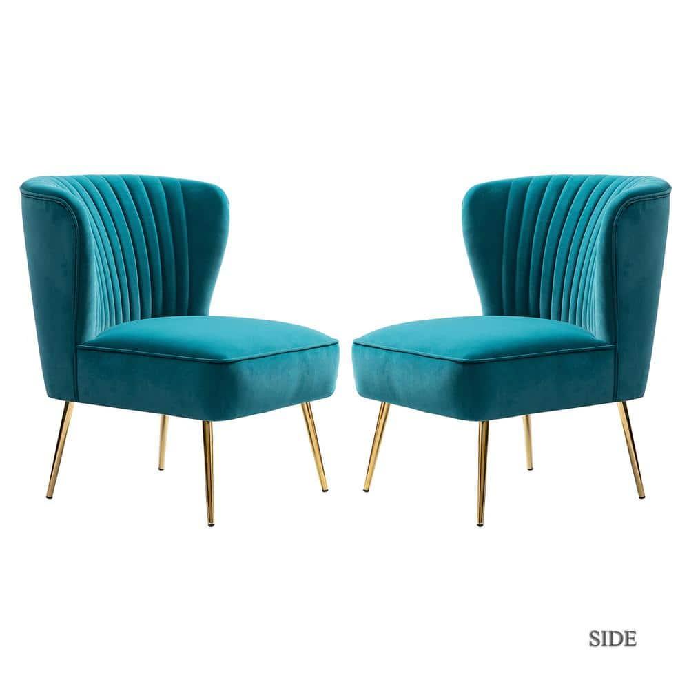 Velvet Accent Chair Set of 2 Upholstered Adult Side Chairs Gold Leg Home Bedroom Blue