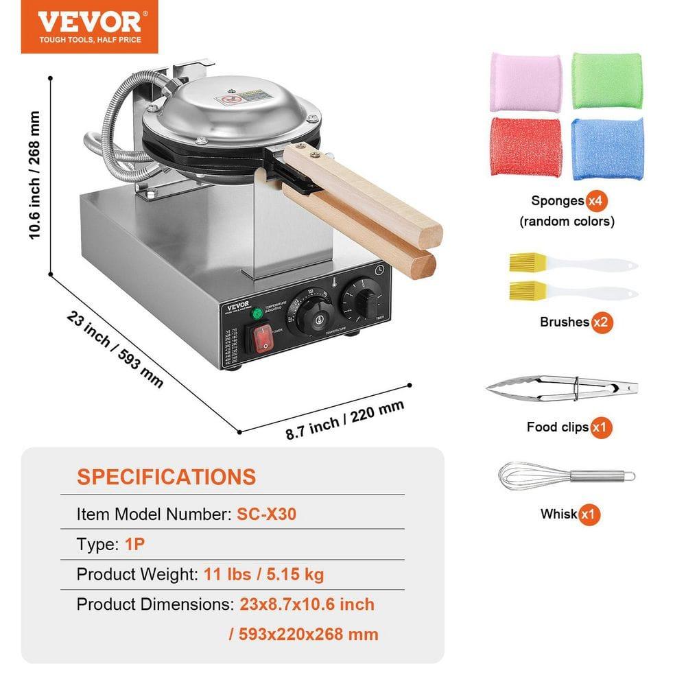 VEVOR Commercial Bubble Waffle Maker, 1400W Egg Bubble Puff Iron w/ 180° Rotatable 2 Pans & Wooden Handles, Stainless Steel Baker w/Non-Stick Teflon Coating, 50-250℃/122-482℉ Adjustable