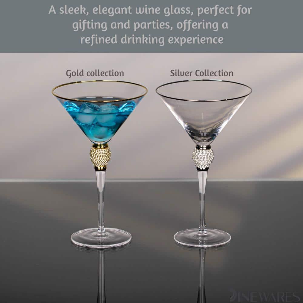 Dinewares Clear Stem Crystal Martini Glasses with Rim and Diamond-like Rhinestones, Elegant 10oz Glassware Set for Cosmopolitan Vodka, Gold Set of 4