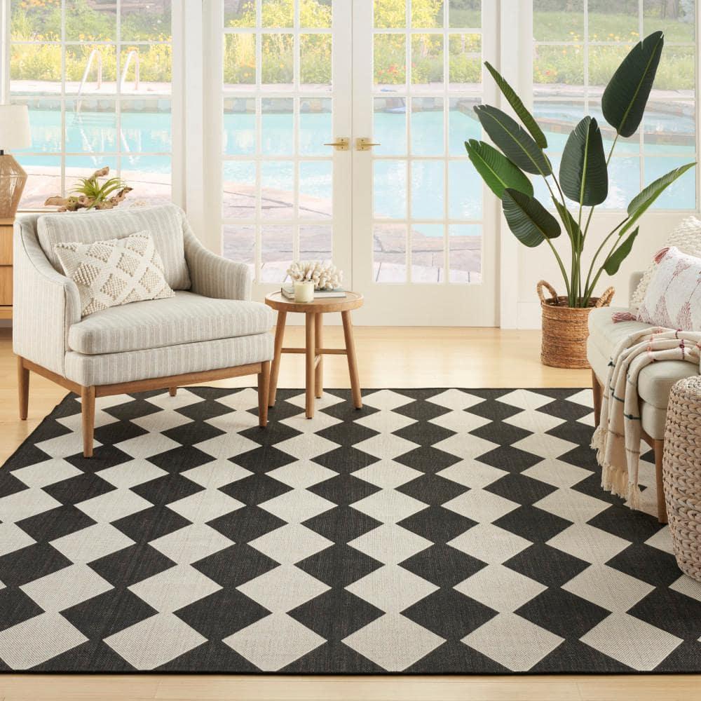 Nourison Positano Retro Diamond Flatweave Indoor Outdoor Low Pile Area Rug Black 8' x 10'