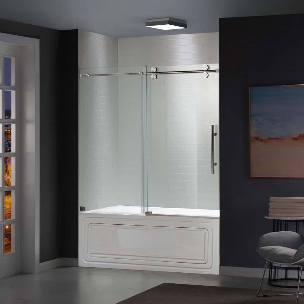 WoodBridge Frameless Single Sliding Shower Doors, 56-60" W X 62" H With 5/16" Clear Tempered Glass And Explosion-Proof Film MSDF6062-C
