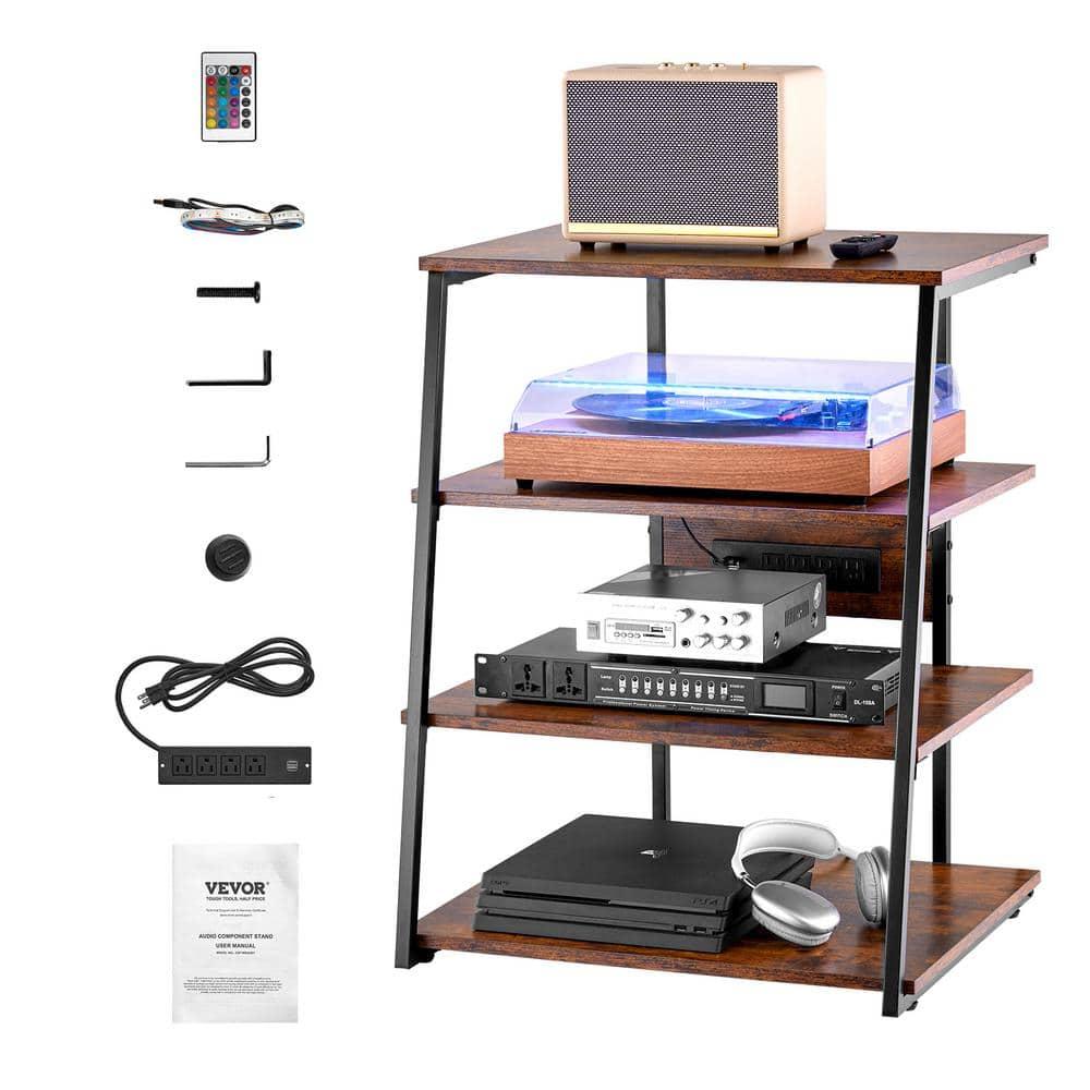 VEVOR 4-Tier AV Media Stand with Power Strips, Corner TV Stand with LED Lights, Height Adjustable Wooden Shelves