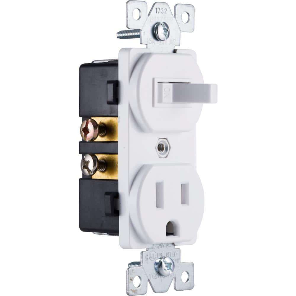 GE Wall Switch & Outlet Combo, Two-in-One Receptacle, 1 On/Off Toggle Power Switch, 1 Grounded AC Outlet Wall Plug, Single Pole, 3 Prong, 15 Amp, UL Listed, White, 59797