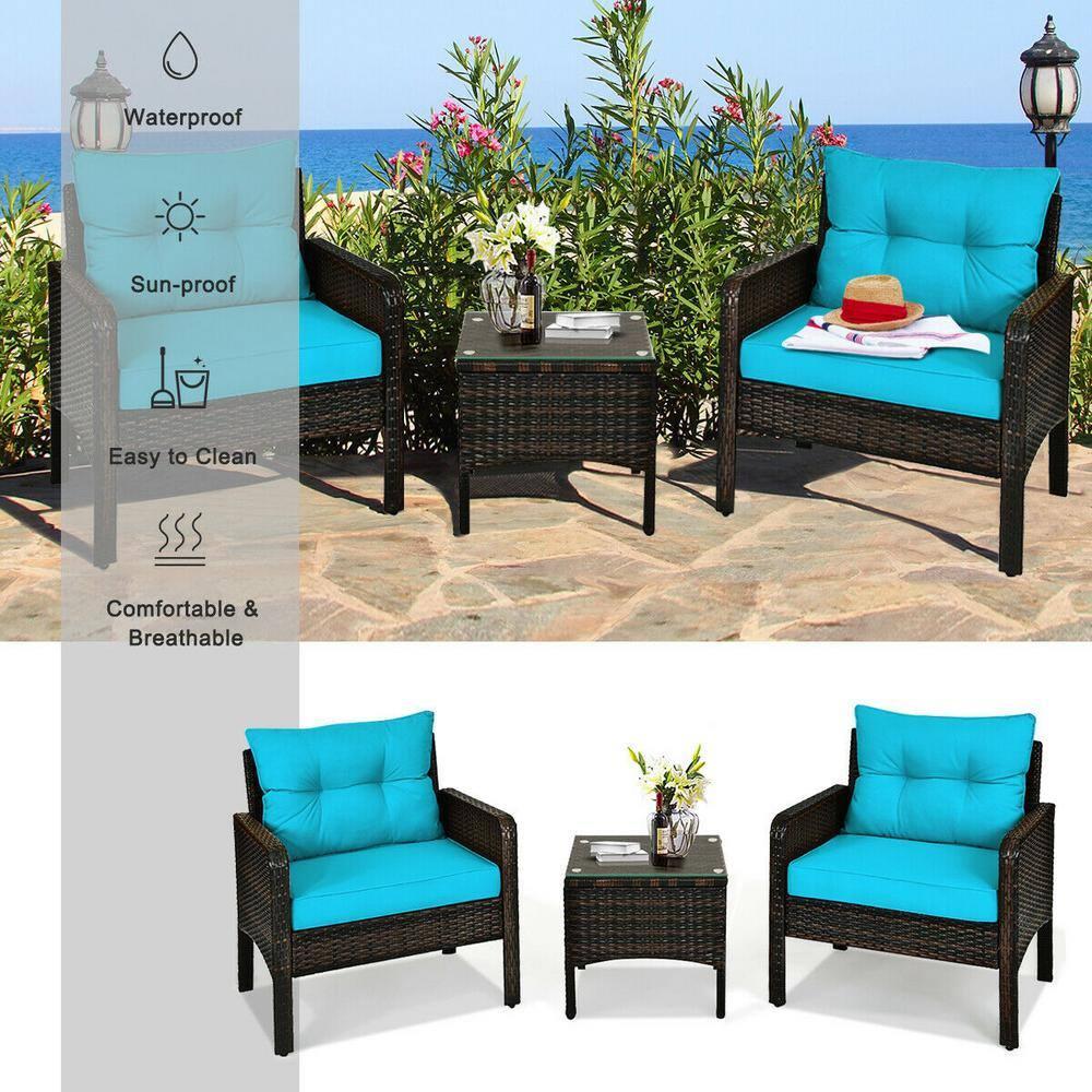 YYAo Garden Conversation Table Set, Conversation Loveseat Chairs Set, 3 Pcs Outdoor Patio Rattan Conversation Set with Seat Cushions-Turquoise