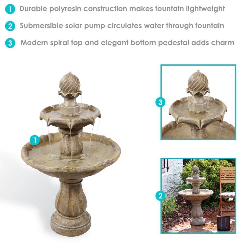 Sunnydaze Outdoor 2-Tier Solar Powered Water Fountain with Battery Backup and Submersible Pump - 35" - Earth Finish