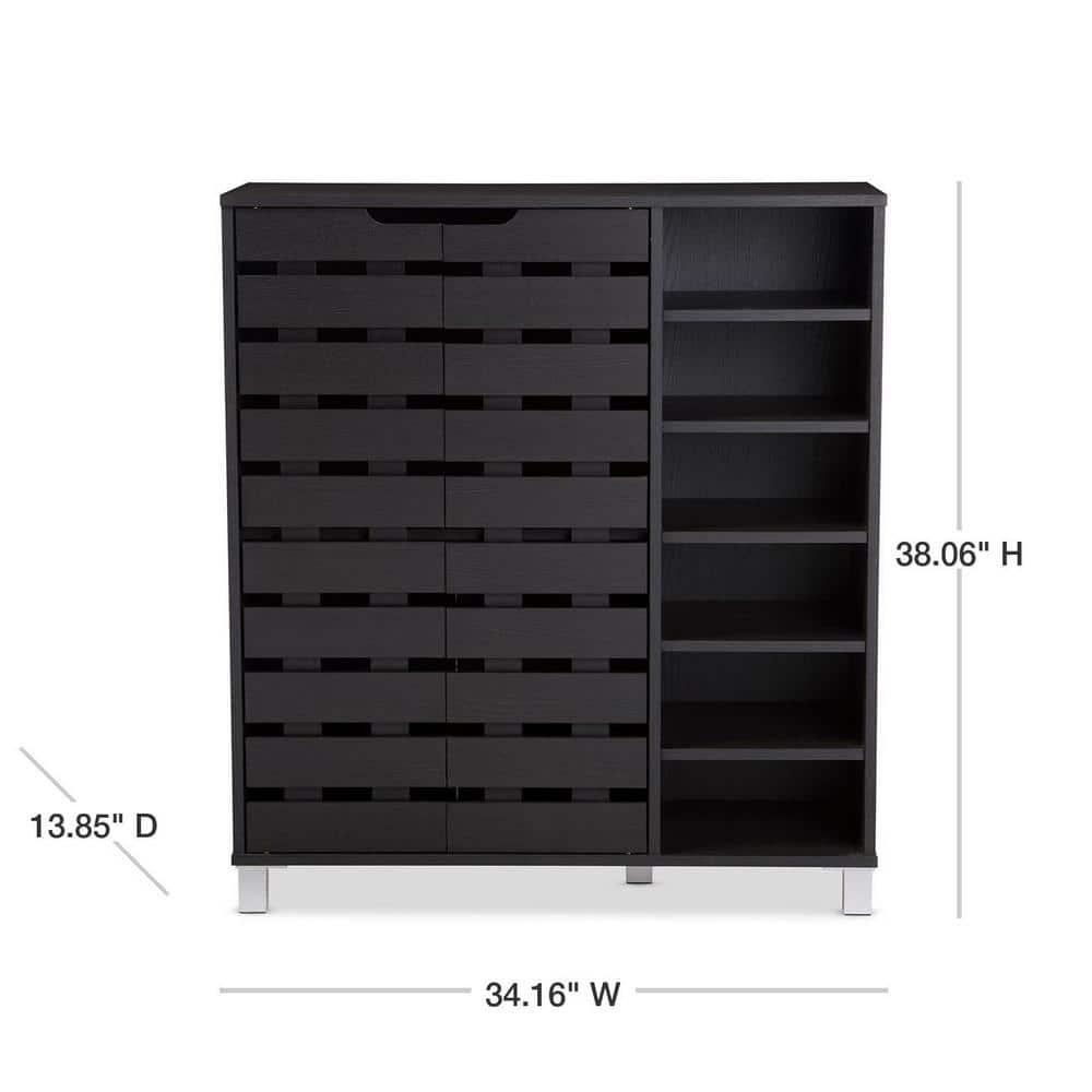 Shirley Modern and Contemporary Wood 2-Door Shoe Cabinet with Open Shelves - Dark Brown - Baxton Studio: Espresso Finish, Metal Frame, 10 Compartments