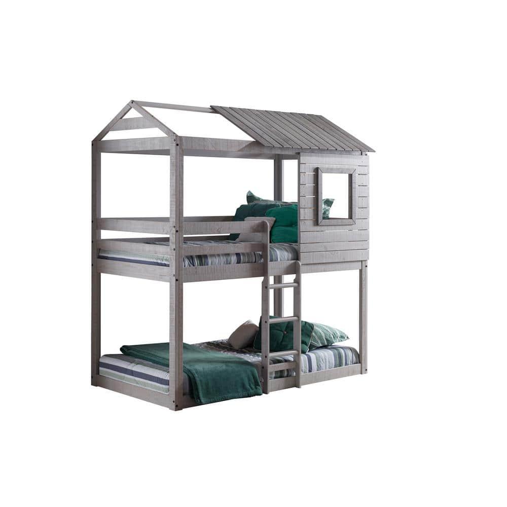 Donco Kids Deer Blind Twin Over Twin Rustic Grey House Bunkbed
