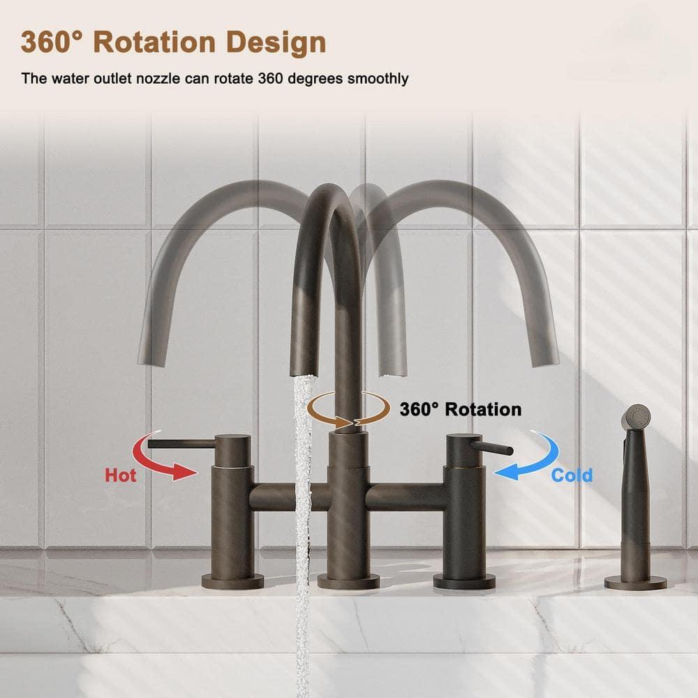 Double Handle Bridge Kitchen Faucet with Side Sprayer in Matte Black