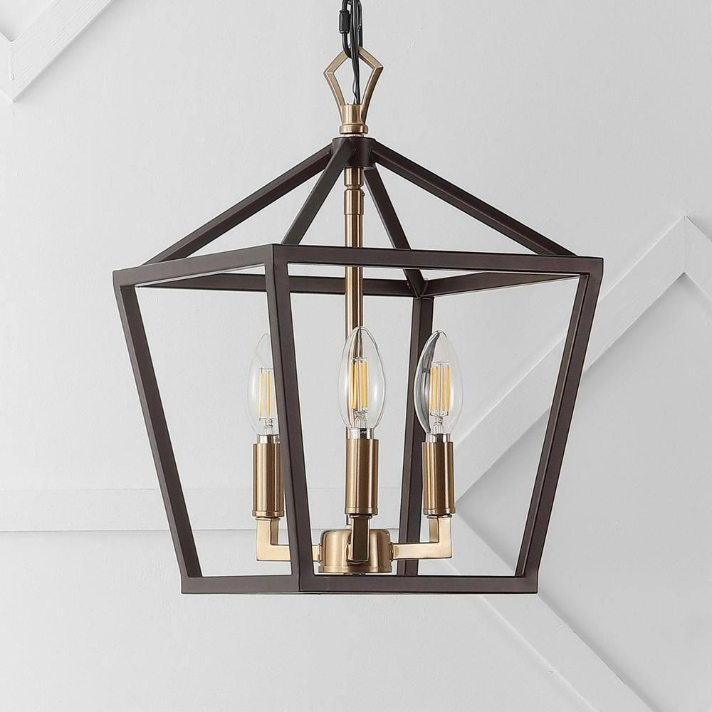 Ojai 10" 3-Light Iron Classic Modern Lantern LED Pendant, Oil Rubbed Bronze/Brass Gold
