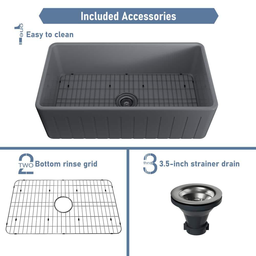 33 in. Farmhouse/Apron-Front Single Bowl Matte Gray S2 Fine Fireclay Kitchen Sink with Bottom Grid and Strainer Basket