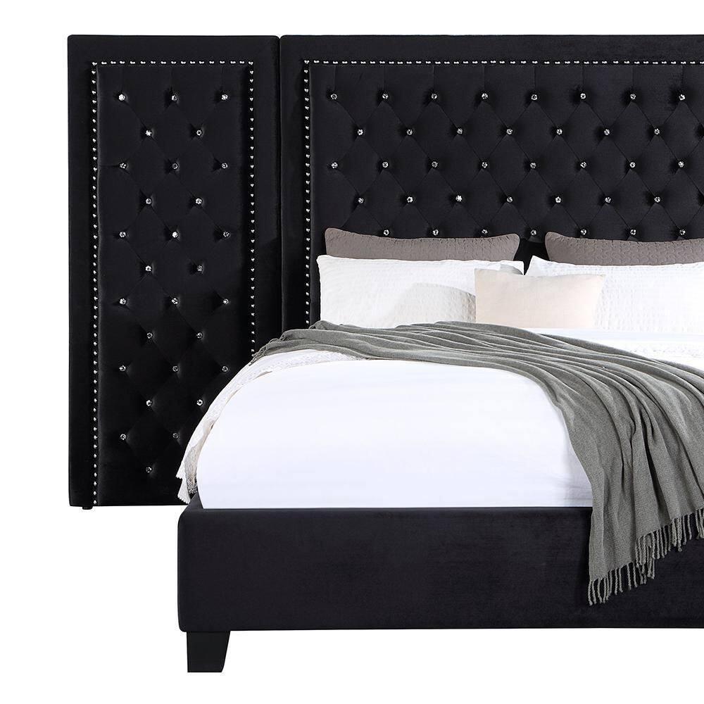 Damazy 86" King Bed Black Velvet - Acme Furniture: Crystal-like Tufting, Nailhead Trim, No Box Spring Required