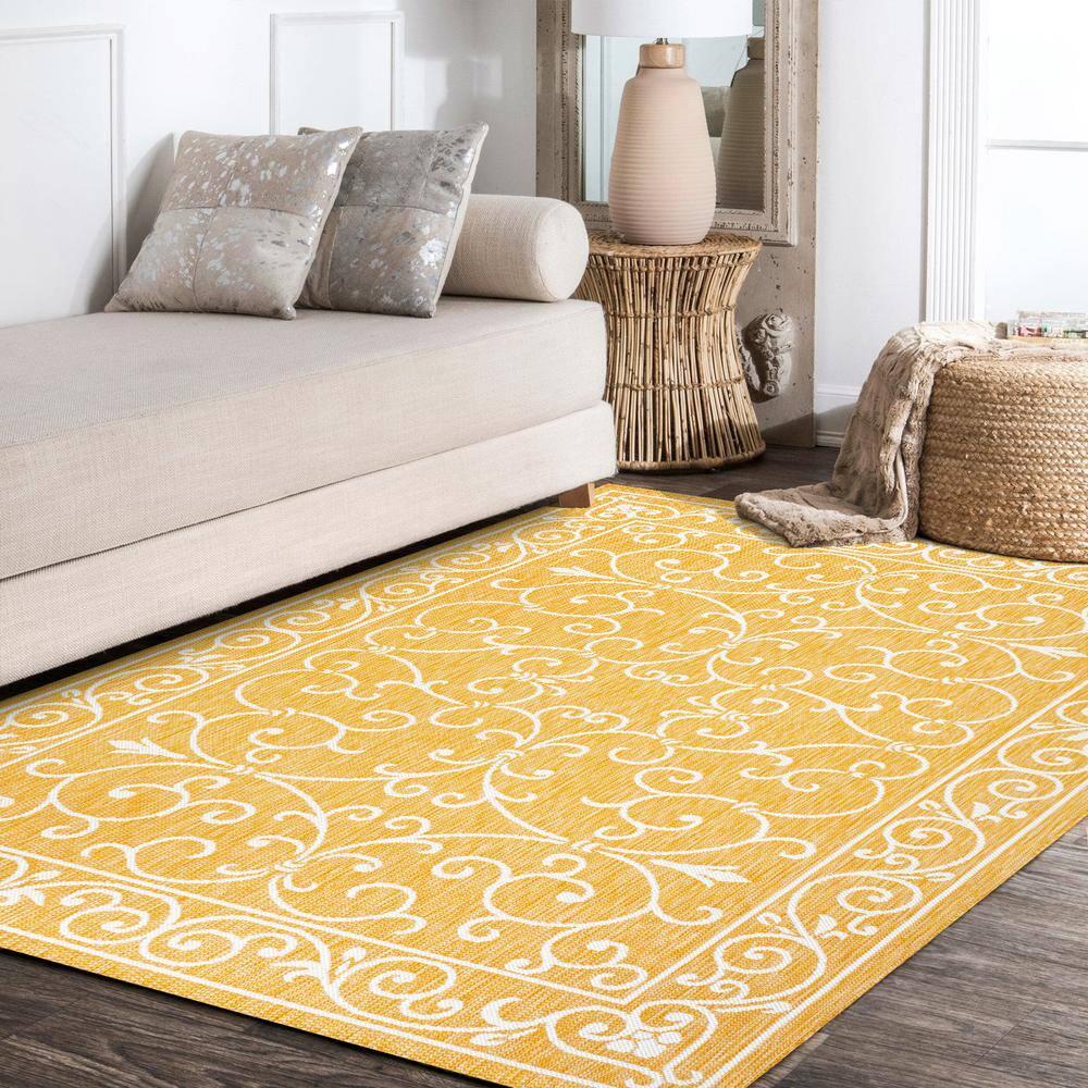 5' x 8' Charleston Vintage Filigree Textured Weave Indoor/Outdoor Area Rug, Yellow/Cream - JONATHAN Y