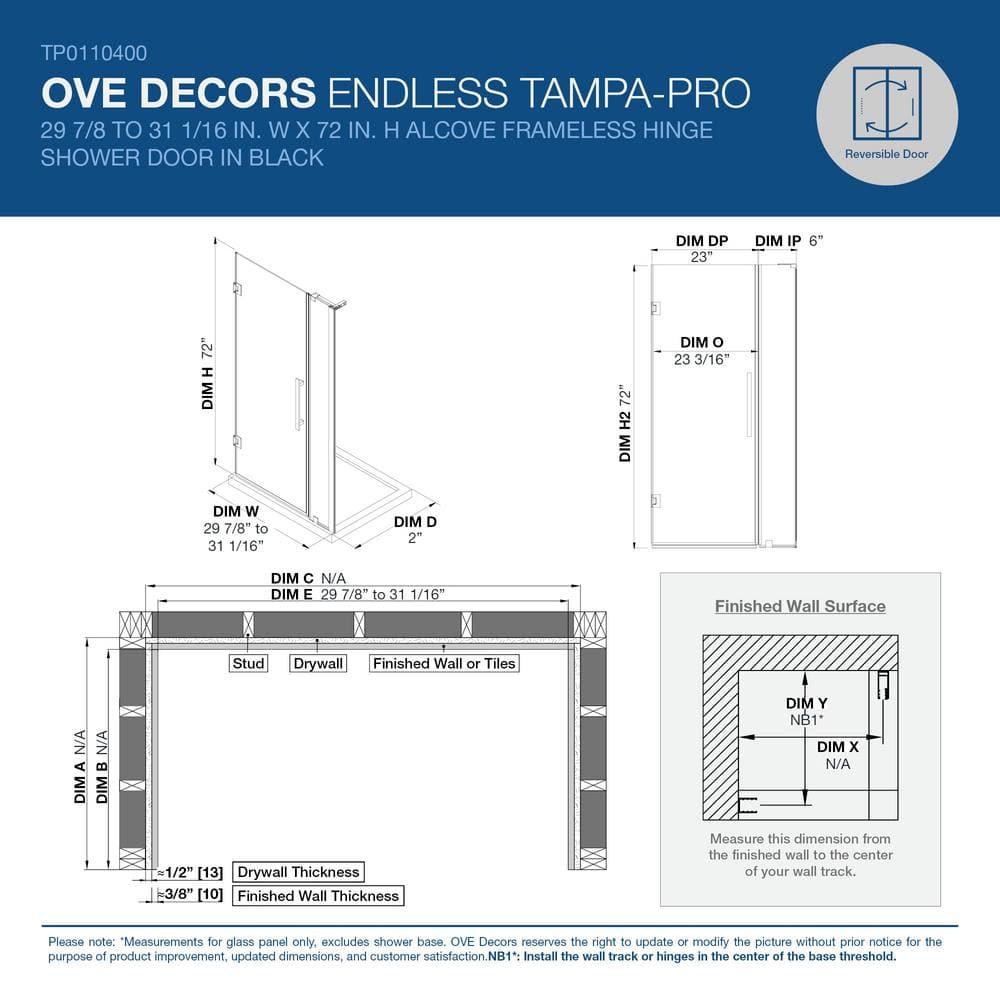 Ove Decors Endless Tampa-Pro 31" W x 72" H Alcove Frameless Shower Kit, Door, Panel TP0110200