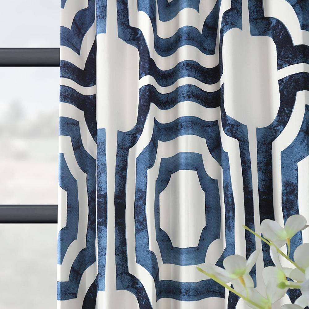 Mecca Blue Printed Cotton Curtain (1 Panel), Mecca Blue, 50W X 120L