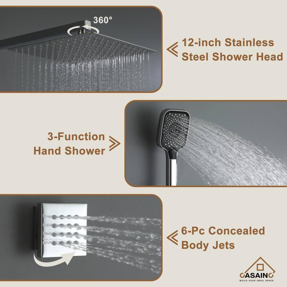 Revitalize 3-Function 12 Inch Wall Mount Rainfall Thermostatic Shower System with 6 Body Jets