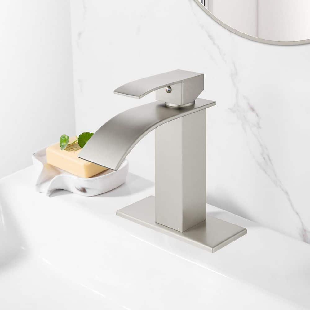 Waterfall Single Handle Bathroom Vanity Sink Faucet with Metal Pop-up Drain, Brushed Nickel Finish