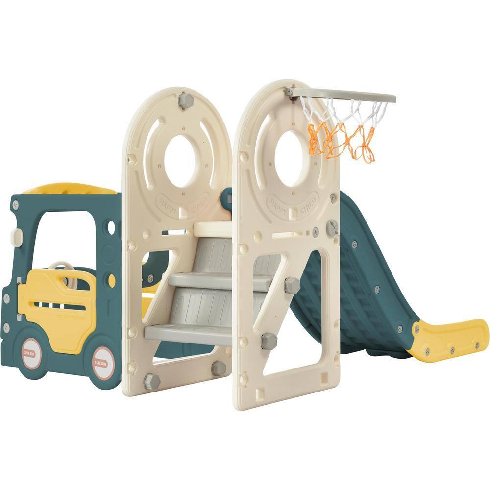 Gzxs Toddler Slide and Swing, Bus Playhouse Freestanding Baby Slide Playset with Basketball Hoop for Indoor Outdoor Backyard Playground (Yellow Bus Slide)