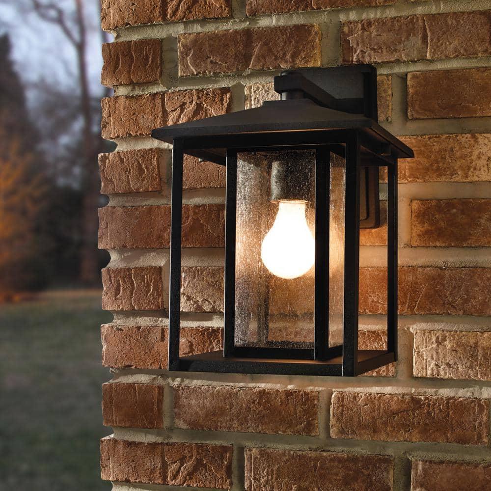 Hunnington 14 in. H 1-Light Outdoor Black Wall Lantern Sconce with Clear Seeded Glass Panels