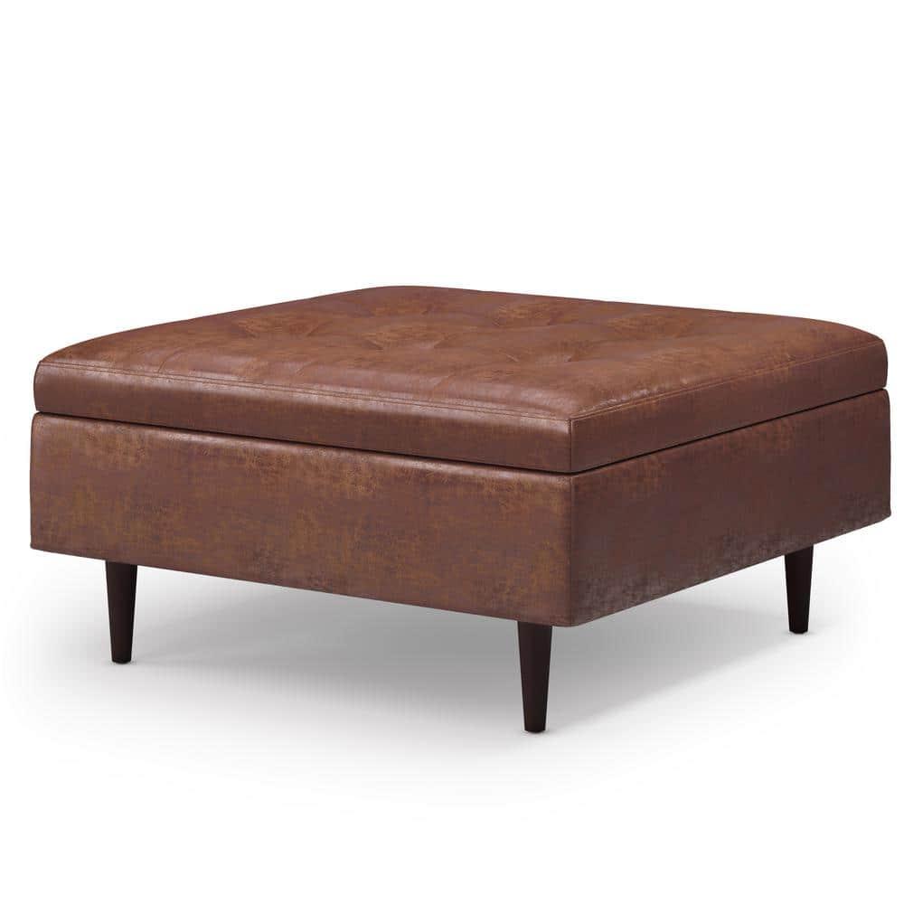 Simpli Home Shay 38 inch Wide Mid Century Modern Square Mid Century Large Square Coffee Table Storage Ottoman in Distressed Saddle Brown Vegan Faux Leather