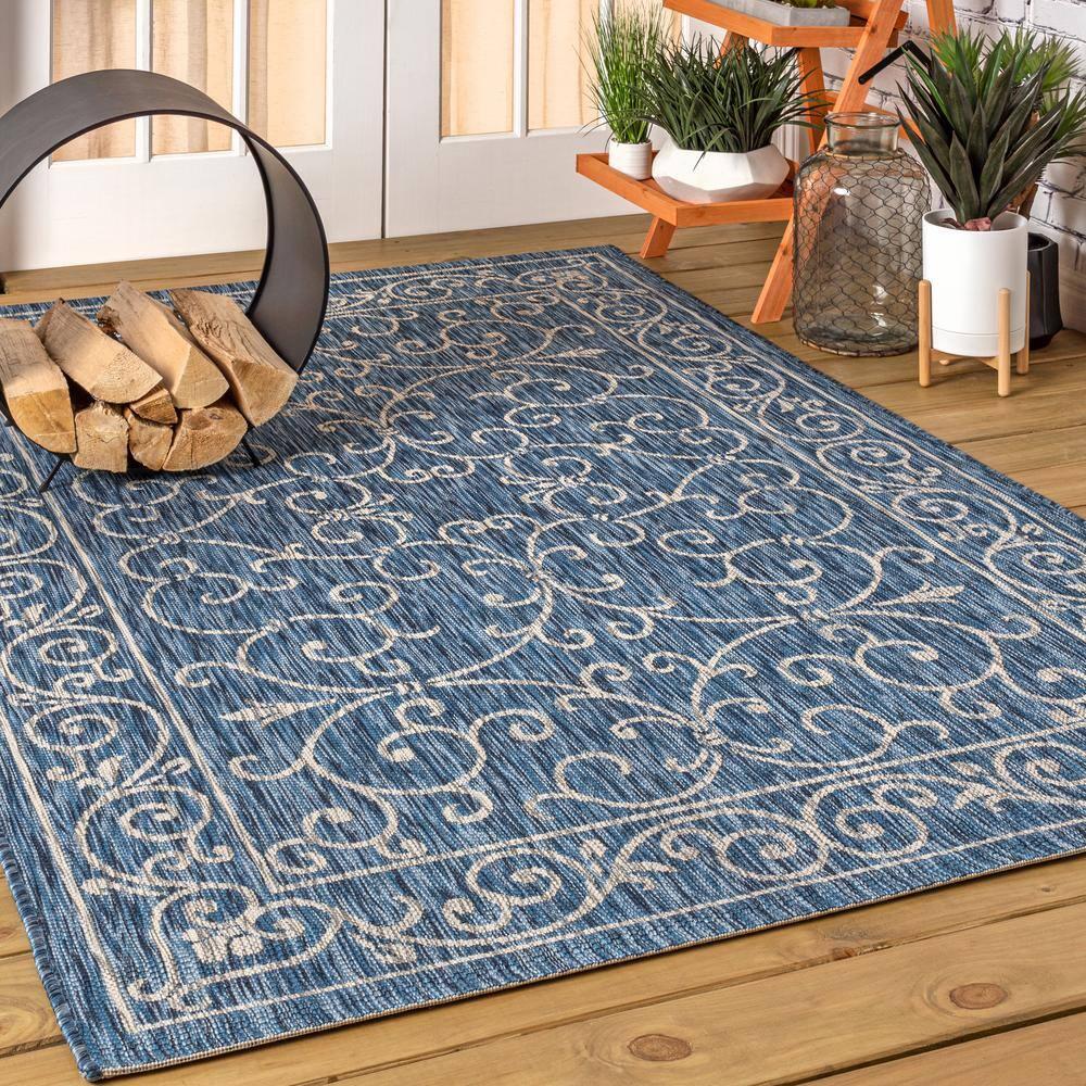 9' X 12' Charleston Vintage Filigree Textured Weave Indoor/Outdoor Area Rug, Navy/Gray - JONATHAN Y