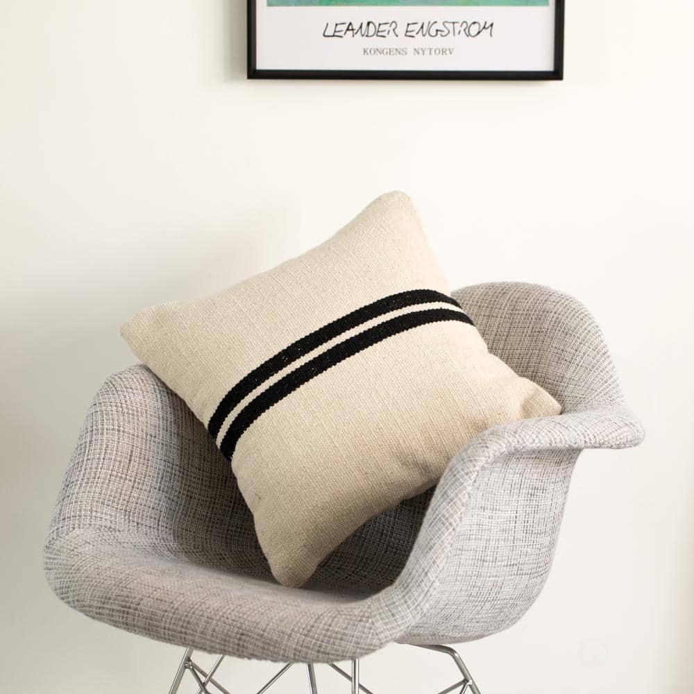 DEERLUX 16" Handwoven Cotton Throw Pillow Cover with Two Center Black Stripes with Filler, Natural