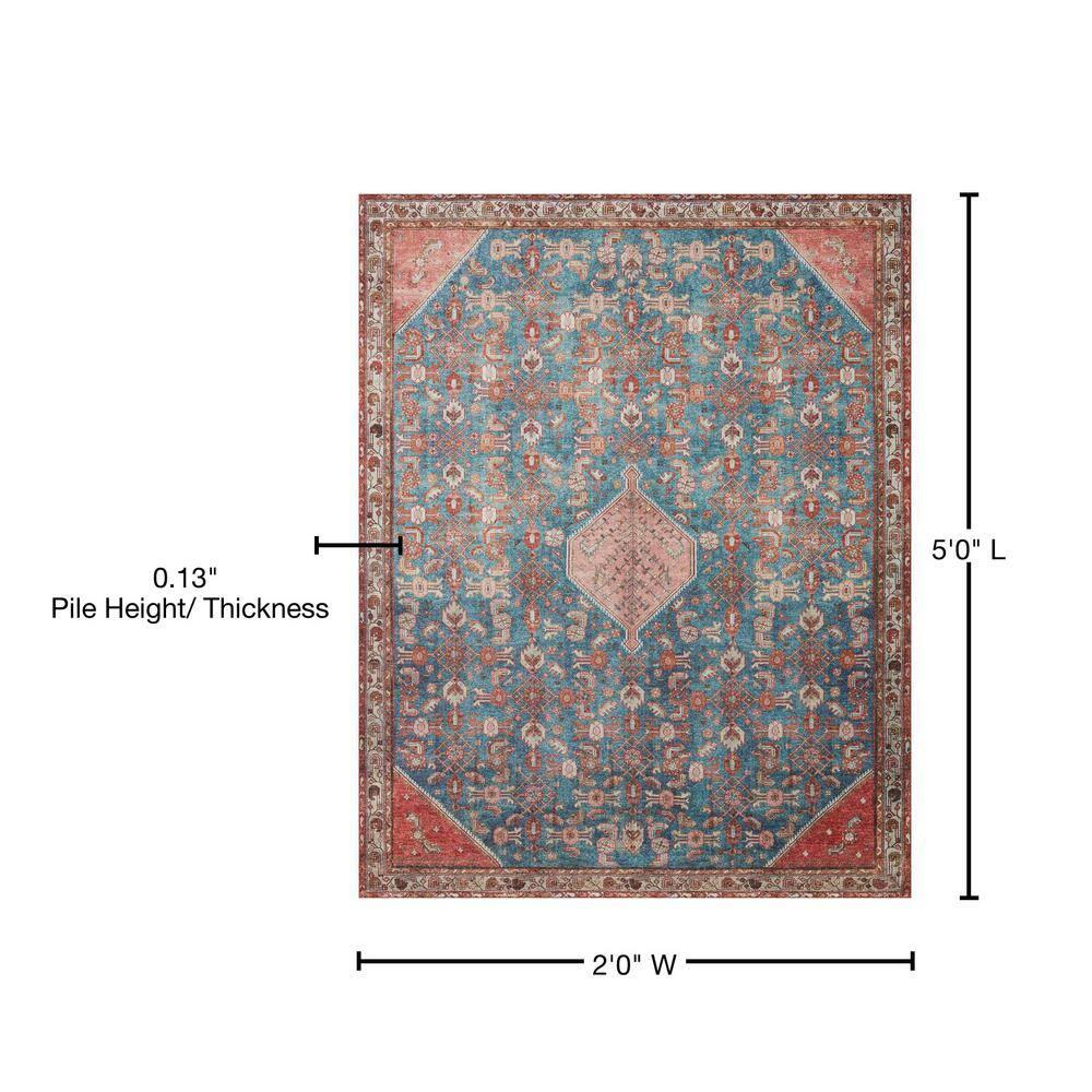 Blue and Clay Vintage Distressed Polyester Accent Rug