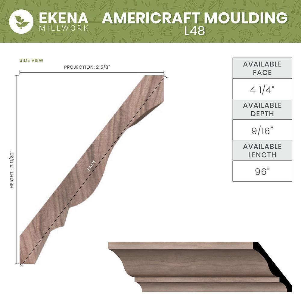 Ekena Millwork WM48 - Americraft Crown Moulding, 3 11/32"H x 2 5/8"P x 4 1/4"F x 96"L, Primed Finger-Joint Pine