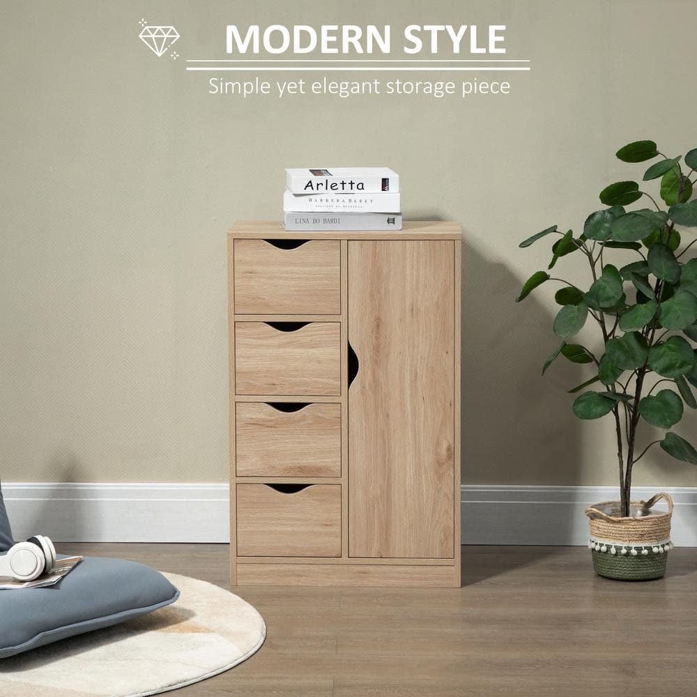 HOMCOM Freestanding Storage Cabinet, Bathroom Floor Cabinet with 4 Drawers and Door, Oak