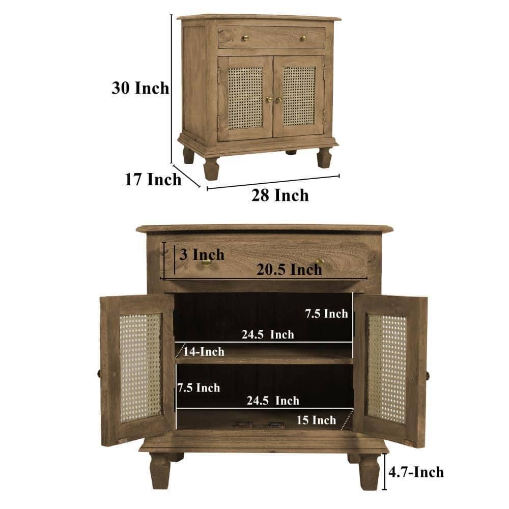 The Urban Port 30" Nightstand Table Rattan Cabinet Doors and Drawer Fronts Sandblasted Brown Mango Wood Brown