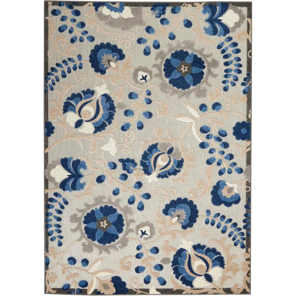 Nourison Aloha Floral Textured Flatweave High-Low Indoor Outdoor Area Rug Natural/Blue 3'6" x 5'6"
