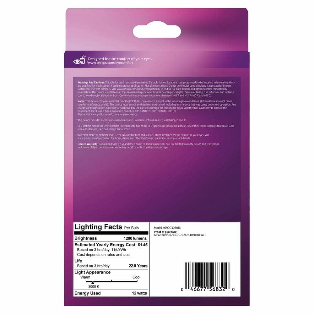 Philips LED 120W Bright White PAR38 1P: Dimmable Outdoor Flood Light Bulb, 120V, Energy Star Certified, 3000K, E26 Base
