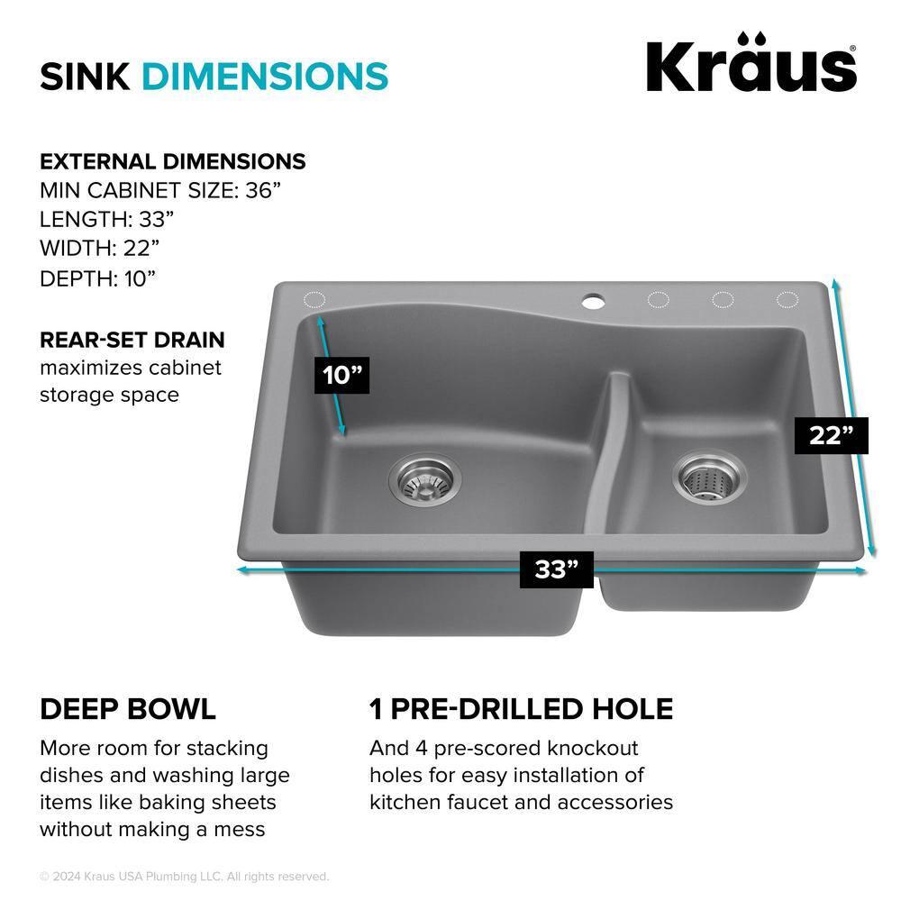 Kraus KRAUS Quarza™ 33" L Dual Mount 60/40 Double Bowl Granite Kitchen Sink KGD-442GREY